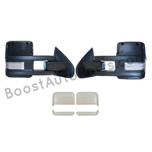 Load image into Gallery viewer, boost auto parts tow towing mirrors mirror chevy gm gmc silverado sierra 1500 2500hd duramax black chrome smoked amber paint to match white boost auto parts boostautoparts.com 2014