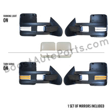 Load image into Gallery viewer, boost auto parts tow towing mirrors mirror chevy gm gmc silverado sierra 1500 2500hd duramax black chrome smoked amber paint to match white boost auto parts boostautoparts.com 2014