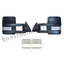 Load image into Gallery viewer, boost auto parts tow towing mirrors mirror chevy gm gmc silverado sierra 1500 2500hd duramax black chrome smoked amber paint to match white boost auto parts boostautoparts.com