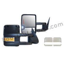 Load image into Gallery viewer, boost auto parts tow towing mirrors mirror chevy gm gmc silverado sierra 1500 2500hd duramax black chrome smoked amber paint to match white boost auto parts boostautoparts.com 1999 2000 2001 2002