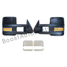 Load image into Gallery viewer, boost auto parts tow towing mirrors mirror chevy gm gmc silverado sierra 1500 2500hd duramax black chrome smoked amber paint to match white boost auto parts boostautoparts.com 1999 2000 2001 2002