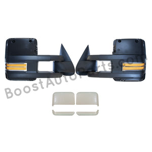 boost auto parts tow towing mirrors mirror chevy gm gmc silverado sierra 1500 2500hd duramax black chrome smoked amber paint to match white boost auto parts boostautoparts.com 03 04 05 06 07 2003 2004 2005 2006 2007