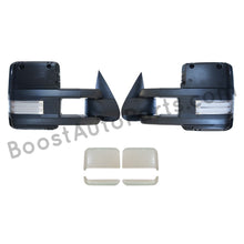 Load image into Gallery viewer, boost auto parts tow towing mirrors mirror chevy gm gmc silverado sierra 1500 2500hd duramax black chrome smoked amber paint to match white boost auto parts boostautoparts.com 1999 2000 2001 2002