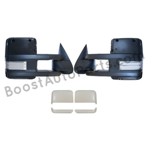 boost auto parts tow towing mirrors mirror chevy gm gmc silverado sierra 1500 2500hd duramax black chrome smoked amber paint to match white boost auto parts boostautoparts.com 1999 2000 2001 2002