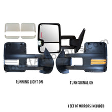 Load image into Gallery viewer, boost auto parts tow towing mirrors mirror chevy gm gmc silverado sierra 1500 2500hd duramax black chrome smoked amber paint to match white boost auto parts boostautoparts.com