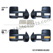 Load image into Gallery viewer, boost auto parts tow towing mirrors mirror chevy gm gmc silverado sierra 1500 2500hd duramax black chrome smoked amber paint to match white boost auto parts boostautoparts.com