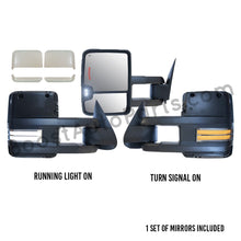 Load image into Gallery viewer, boost auto parts tow towing mirrors mirror chevy gm gmc silverado sierra 1500 2500hd duramax black chrome smoked amber paint to match white boost auto parts boostautoparts.com 1999 2000 2001 2002