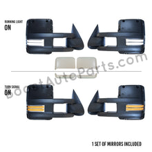 Load image into Gallery viewer, boost auto parts tow towing mirrors mirror chevy gm gmc silverado sierra 1500 2500hd duramax black chrome smoked amber paint to match white boost auto parts boostautoparts.com 1999 2000 2001 2002