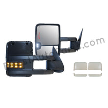 Load image into Gallery viewer, boost auto parts tow towing mirrors mirror chevy gm gmc silverado sierra 1500 2500hd duramax black chrome smoked amber paint to match white boost auto parts boostautoparts.com 03 04 05 06 07 2003 2004 2005 2006 2007