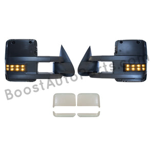 boost auto parts tow towing mirrors mirror chevy gm gmc silverado sierra 1500 2500hd duramax black chrome smoked amber paint to match white boost auto parts boostautoparts.com 03 04 05 06 07 2003 2004 2005 2006 2007