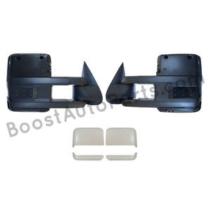 boost auto parts tow towing mirrors mirror chevy gm gmc silverado sierra 1500 2500hd duramax black chrome smoked amber paint to match white boost auto parts boostautoparts.com 03 04 05 06 07 2003 2004 2005 2006 2007