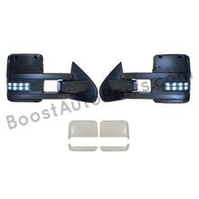 Load image into Gallery viewer, boost auto parts tow towing mirrors mirror chevy gm gmc silverado sierra 1500 2500hd duramax black chrome smoked amber paint to match white boost auto parts boostautoparts.com 2014