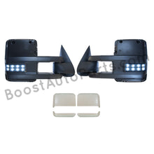 Load image into Gallery viewer, boost auto parts tow towing mirrors mirror chevy gm gmc silverado sierra 1500 2500hd duramax black chrome smoked amber paint to match white boost auto parts boostautoparts.com 1999 2000 2001 2002