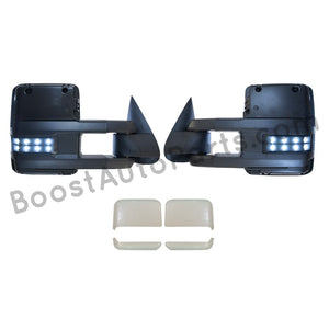 boost auto parts tow towing mirrors mirror chevy gm gmc silverado sierra 1500 2500hd duramax black chrome smoked amber paint to match white boost auto parts boostautoparts.com 03 04 05 06 07 2003 2004 2005 2006 2007