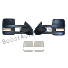 Load image into Gallery viewer, boost auto parts tow towing mirrors mirror chevy gm gmc silverado sierra 1500 2500hd duramax black chrome smoked amber paint to match white boost auto parts boostautoparts.com 2014