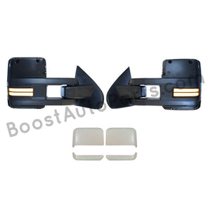 boost auto parts tow towing mirrors mirror chevy gm gmc silverado sierra 1500 2500hd duramax black chrome smoked amber paint to match white boost auto parts boostautoparts.com 2014