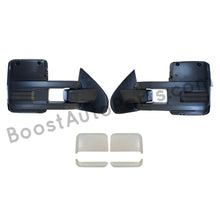 Load image into Gallery viewer, boost auto parts tow towing mirrors mirror chevy gm gmc silverado sierra 1500 2500hd duramax black chrome smoked amber paint to match white boost auto parts boostautoparts.com 2014