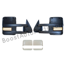 Load image into Gallery viewer, boost auto parts tow towing mirrors mirror chevy gm gmc silverado sierra 1500 2500hd duramax black chrome smoked amber paint to match white boost auto parts boostautoparts.com 1999 2000 2001 2002