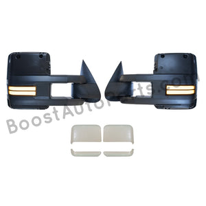 boost auto parts tow towing mirrors mirror chevy gm gmc silverado sierra 1500 2500hd duramax black chrome smoked amber paint to match white boost auto parts boostautoparts.com 1999 2000 2001 2002