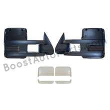 Load image into Gallery viewer, boost auto parts tow towing mirrors mirror chevy gm gmc silverado sierra 1500 2500hd duramax black chrome smoked amber paint to match white boost auto parts boostautoparts.com 1999 2000 2001 2002