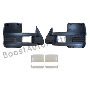 boost auto parts tow towing mirrors mirror chevy gm gmc silverado sierra 1500 2500hd duramax black chrome smoked amber paint to match white boost auto parts boostautoparts.com 1999 2000 2001 2002