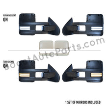 Load image into Gallery viewer, boost auto parts tow towing mirrors mirror chevy gm gmc silverado sierra 1500 2500hd duramax black chrome smoked amber paint to match white boost auto parts boostautoparts.com 2014