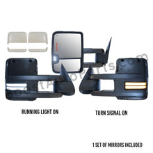 Load image into Gallery viewer, boost auto parts tow towing mirrors mirror chevy gm gmc silverado sierra 1500 2500hd duramax black chrome smoked amber paint to match white boost auto parts boostautoparts.com 03 04 05 06 07 2003 2004 2005 2006 2007